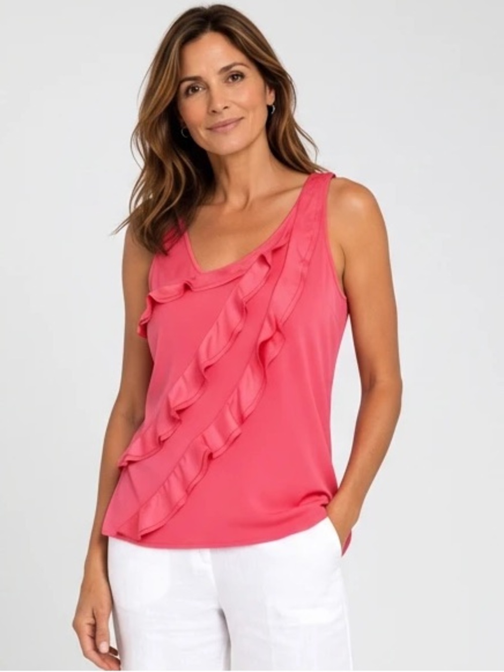 Ann Taylor Stretch Silk Ruffle Trim Coral Sleeveless Tank Top Blouse Sz XSP